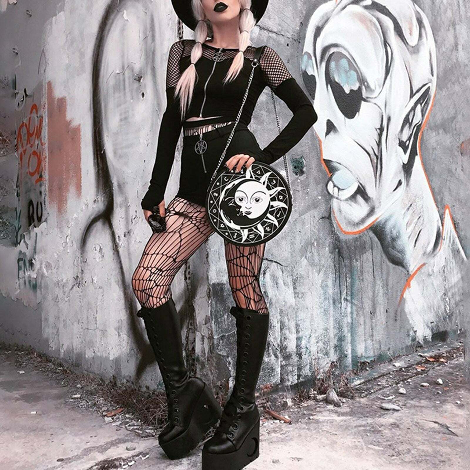 Y2K Gothic Pentagram Mesh Tee - Retro 90s Grunge, Pastel Goth, and Summer Y2K Fashion