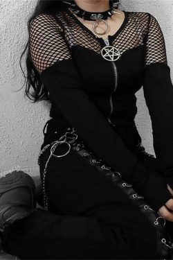 Y2K Gothic Pentagram Mesh Tee - Retro 90s Grunge, Pastel Goth, and Summer Y2K Fashion