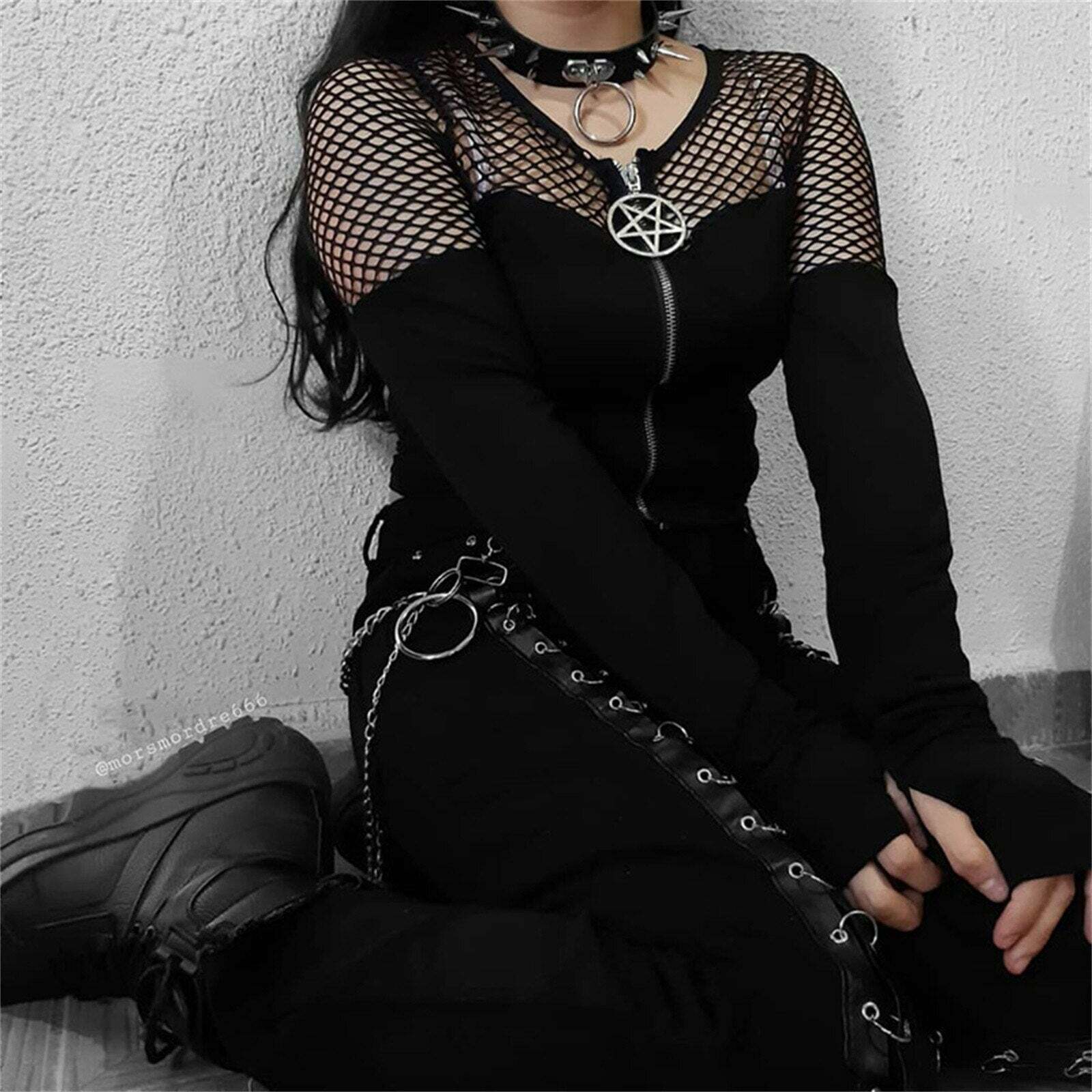 Y2K Gothic Pentagram Mesh Tee - Retro 90s Grunge, Pastel Goth, and Summer Y2K Fashion
