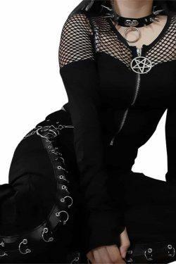 Y2K Gothic Pentagram Mesh Tee - Retro 90s Grunge, Pastel Goth, and Summer Y2K Fashion