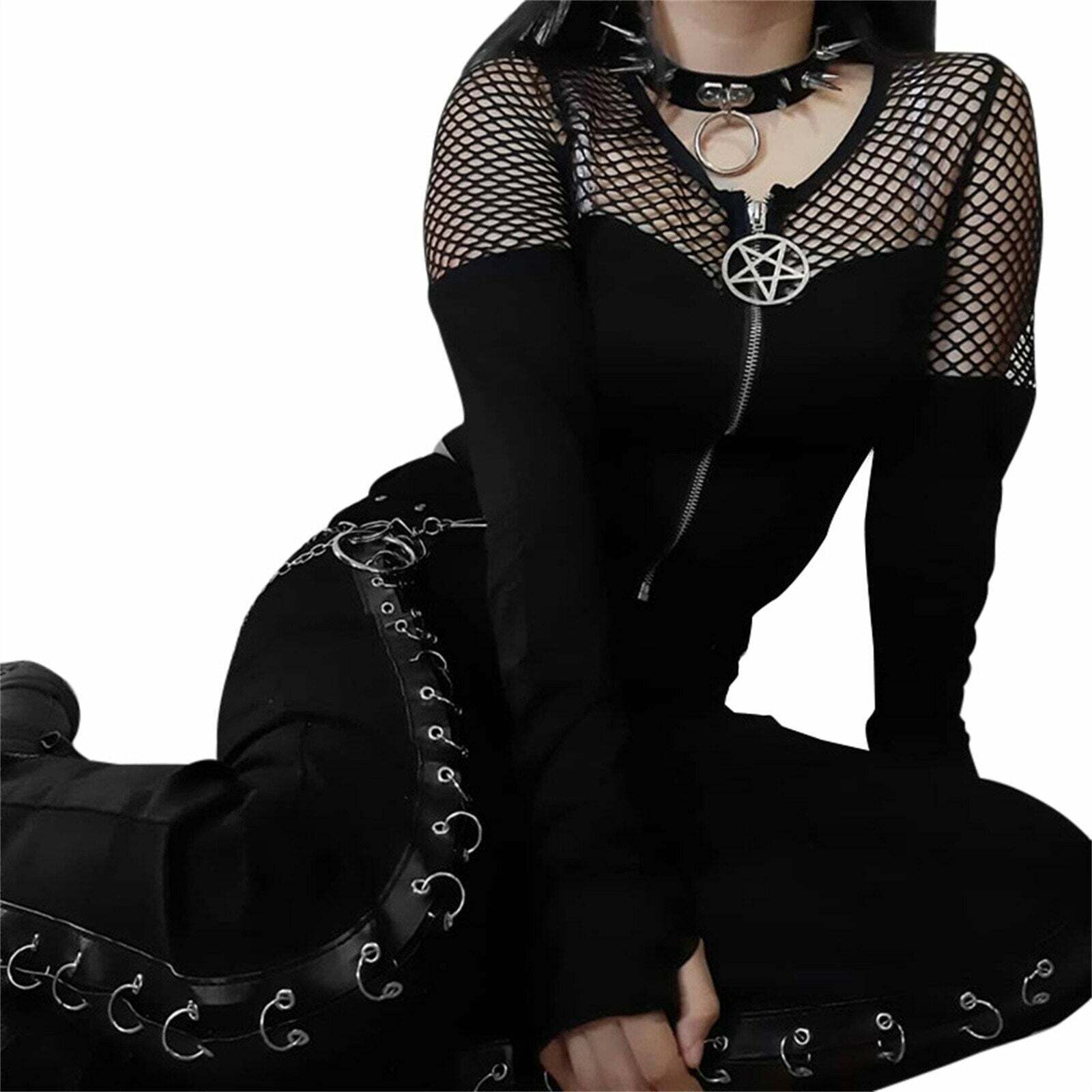 Y2K Gothic Pentagram Mesh Tee - Retro 90s Grunge, Pastel Goth, and Summer Y2K Fashion