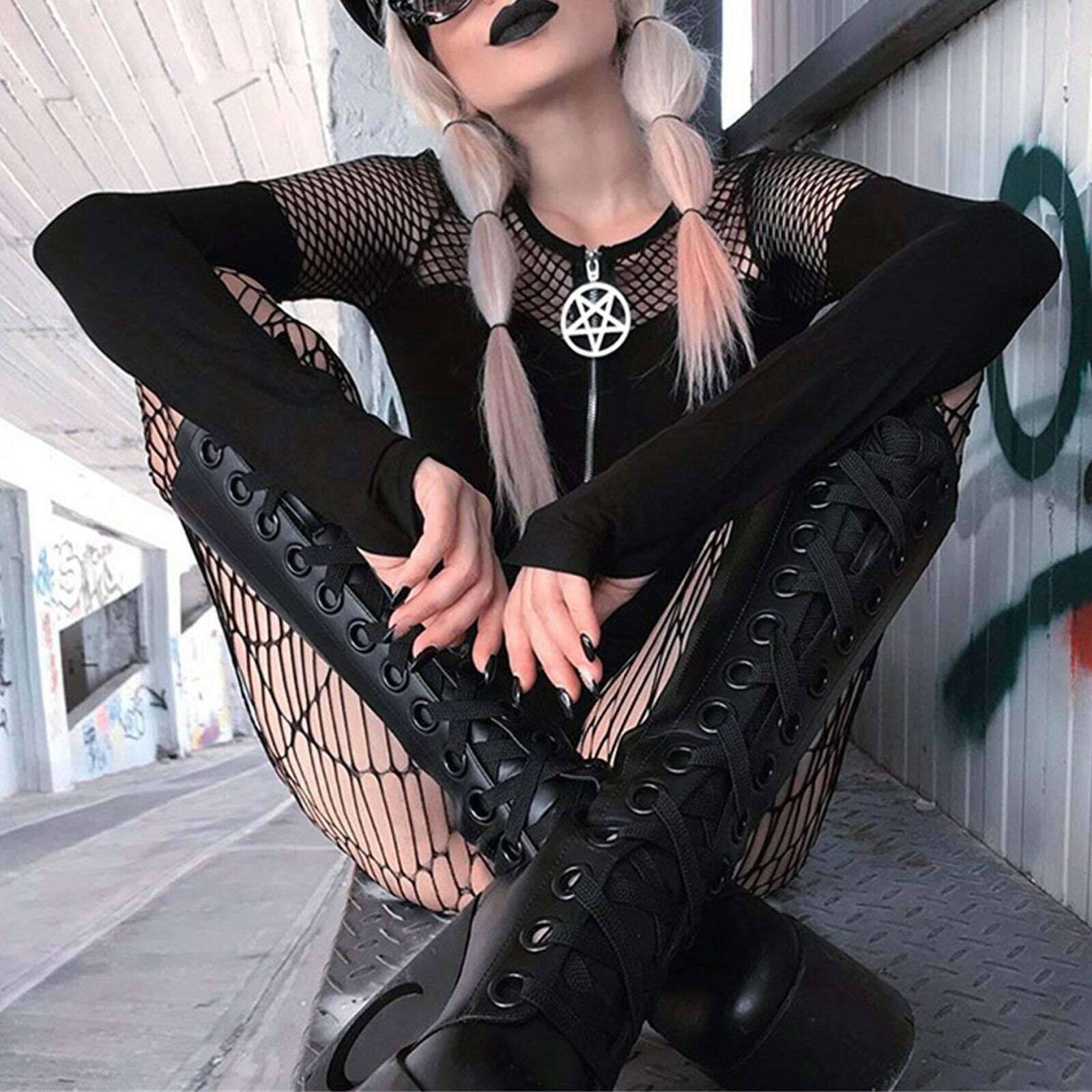 Y2K Gothic Pentagram Mesh Tee - Retro 90s Grunge, Pastel Goth, and Summer Y2K Fashion