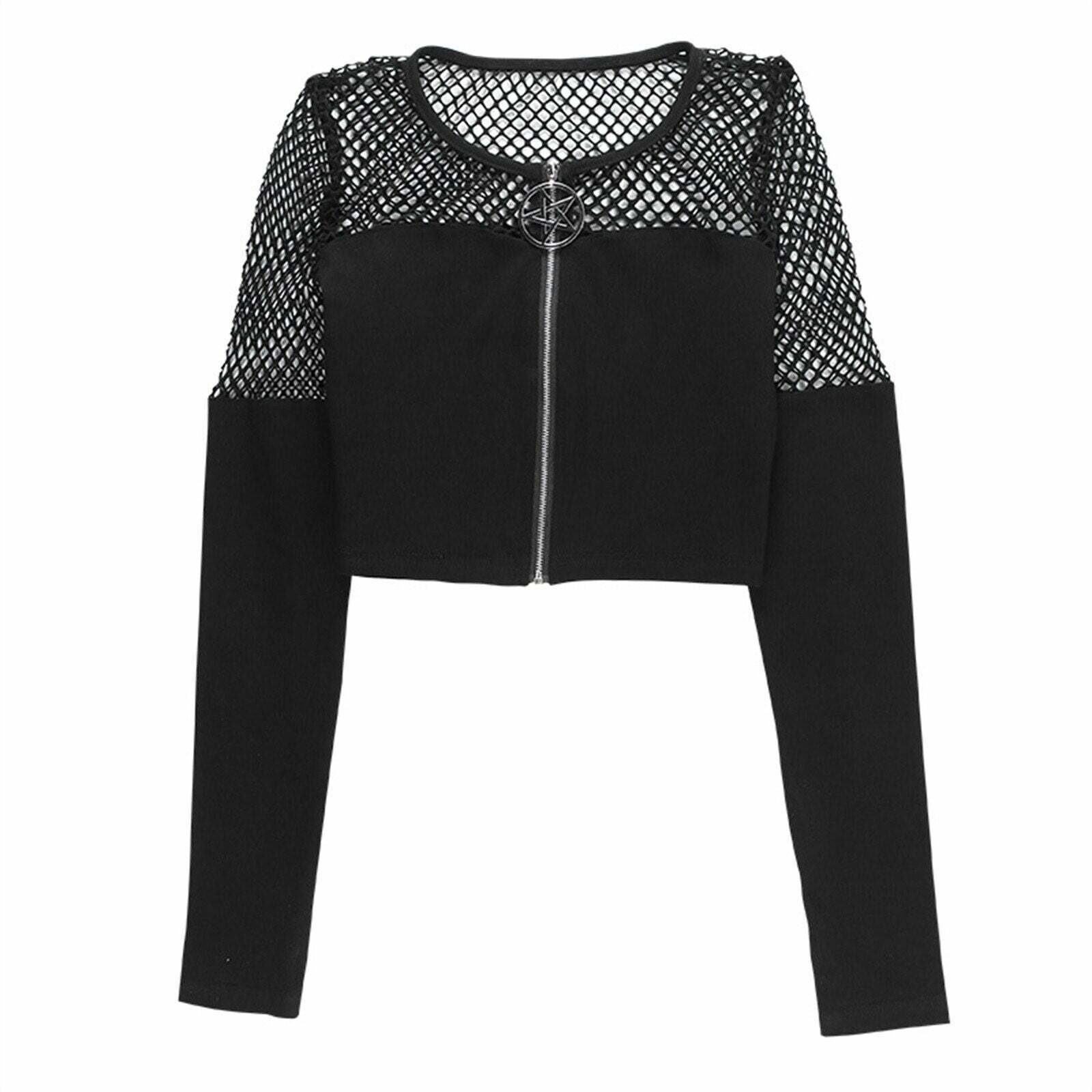 Y2K Gothic Pentagram Mesh Tee - Retro 90s Grunge, Pastel Goth, and Summer Y2K Fashion