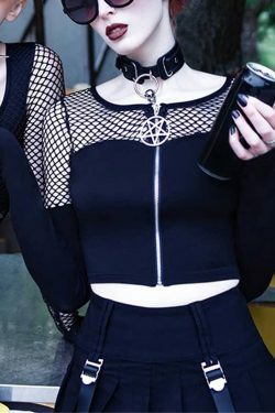 Y2K Gothic Pentagram Mesh Tee - Retro 90s Grunge, Pastel Goth, and Summer Y2K Fashion