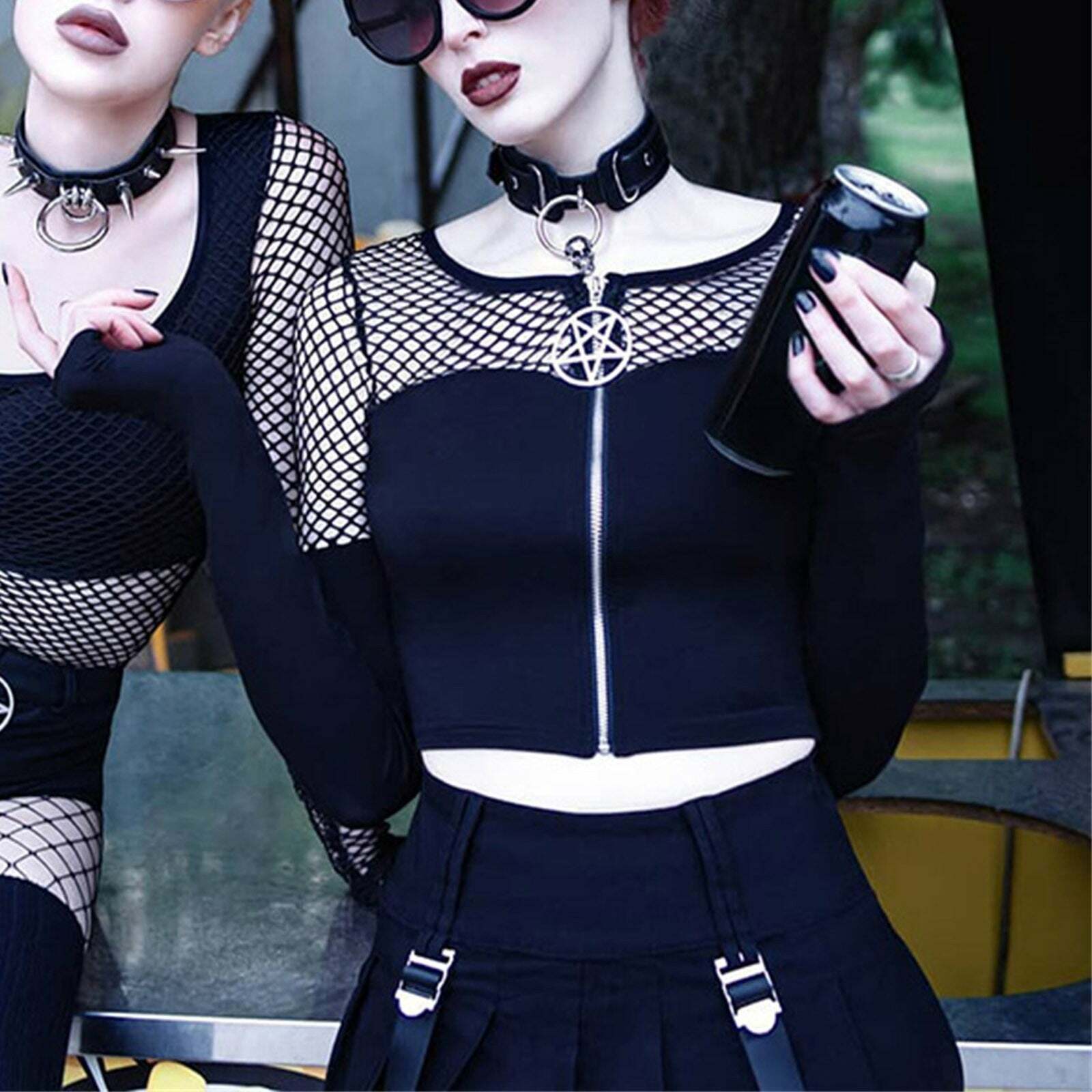 Y2K Gothic Pentagram Mesh Tee - Retro 90s Grunge, Pastel Goth, and Summer Y2K Fashion