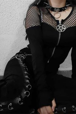 Y2K Gothic Pentagram Mesh Tee - Retro 90s Grunge, Pastel Goth, and Summer Y2K Fashion