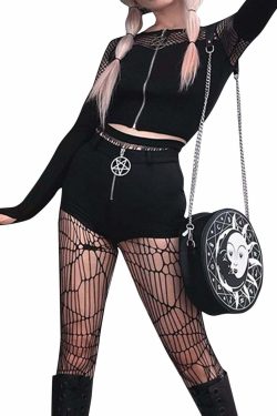 Y2K Gothic Pentagram Mesh Tee - Retro 90s Grunge, Pastel Goth, and Summer Y2K Fashion