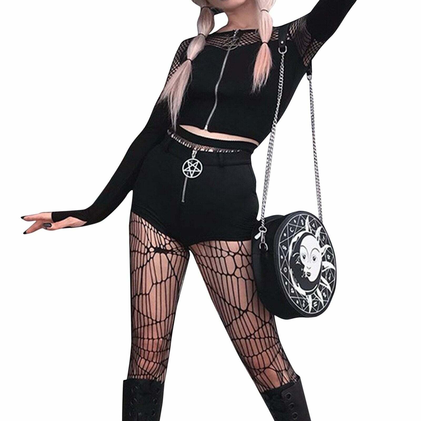 Y2K Gothic Pentagram Mesh Tee - Retro 90s Grunge, Pastel Goth, and Summer Y2K Fashion
