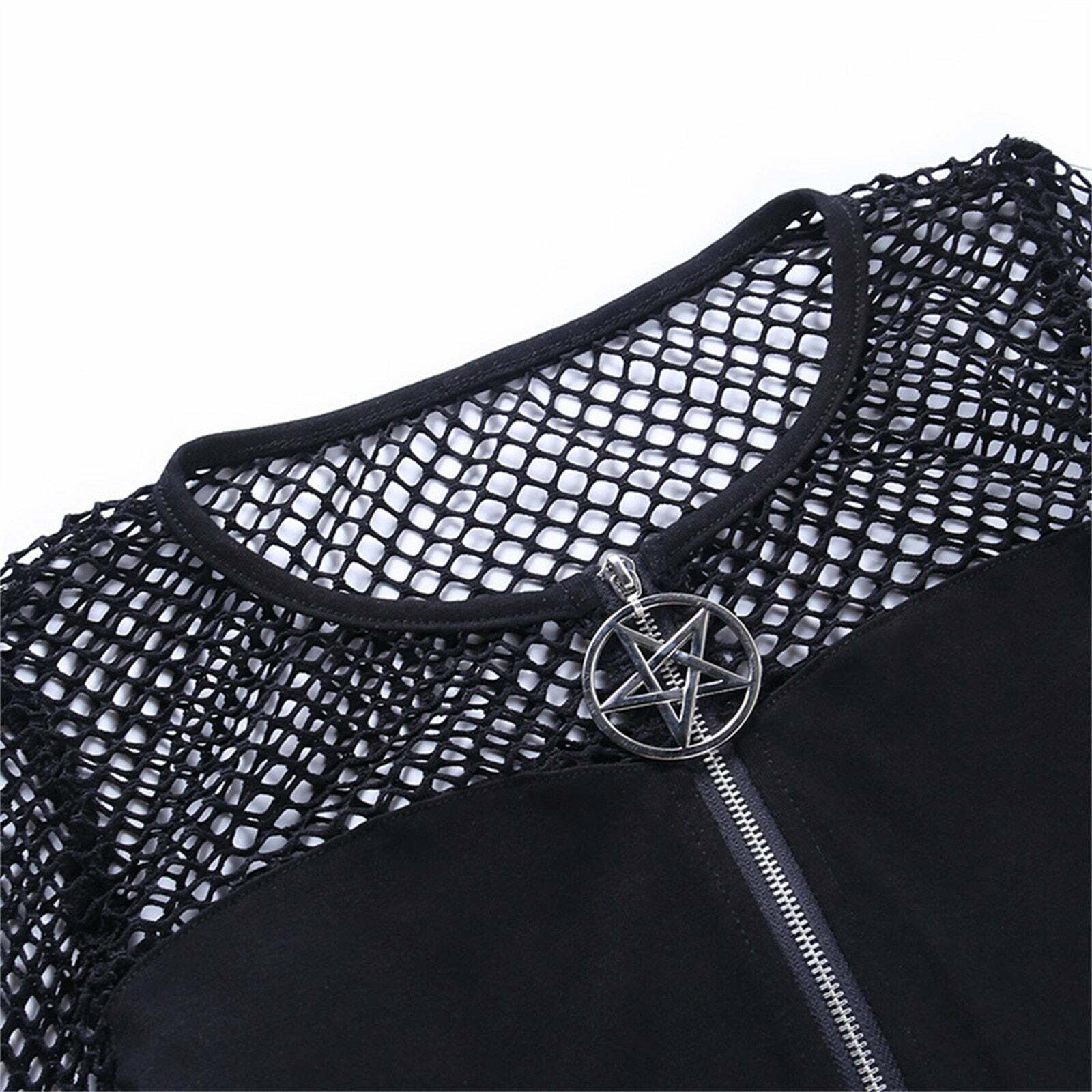 Y2K Gothic Pentagram Mesh Tee - Retro 90s Grunge, Pastel Goth, and Summer Y2K Fashion