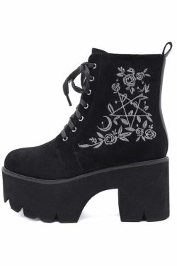 Y2K Gothic Pentagram Rose Platform Boots - 90s Grunge, Retro, Pastel Goth, Y2K Fashion