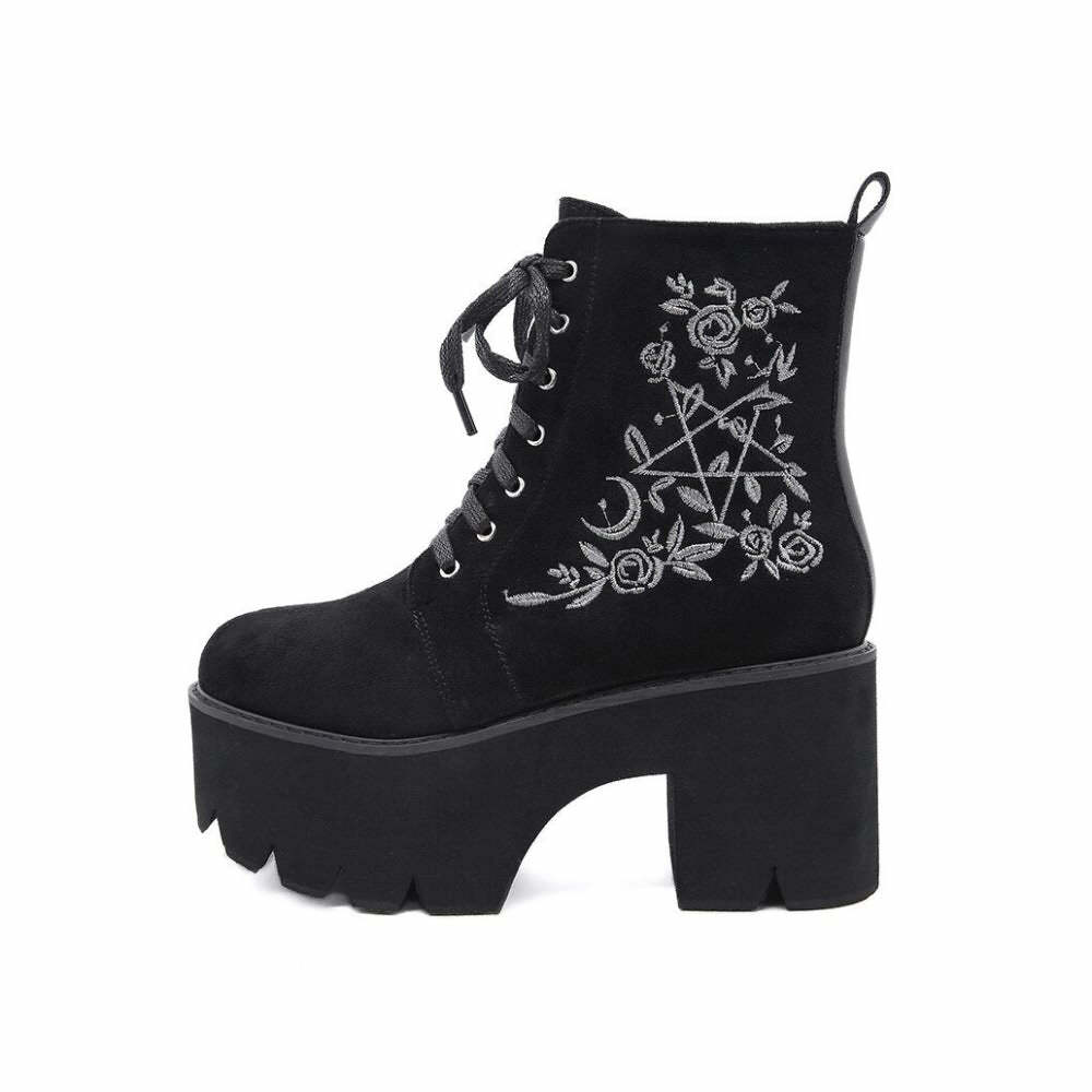 Y2K Gothic Pentagram Rose Platform Boots - 90s Grunge, Retro, Pastel Goth, Y2K Fashion