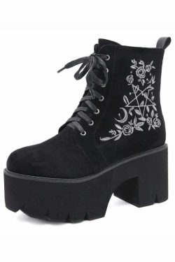 Y2K Gothic Pentagram Rose Platform Boots - 90s Grunge, Retro, Pastel Goth, Y2K Fashion