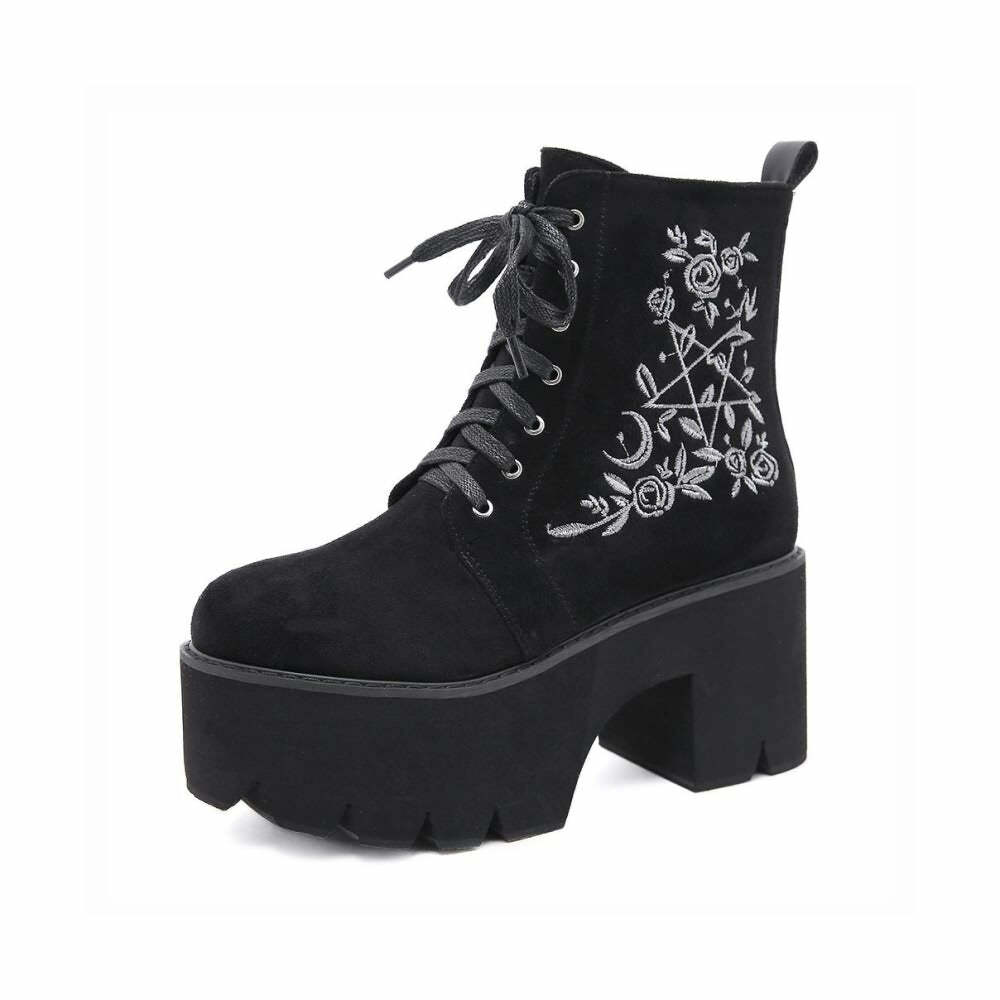 Y2K Gothic Pentagram Rose Platform Boots - 90s Grunge, Retro, Pastel Goth, Y2K Fashion
