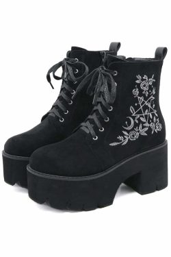 Y2K Gothic Pentagram Rose Platform Boots - 90s Grunge, Retro, Pastel Goth, Y2K Fashion