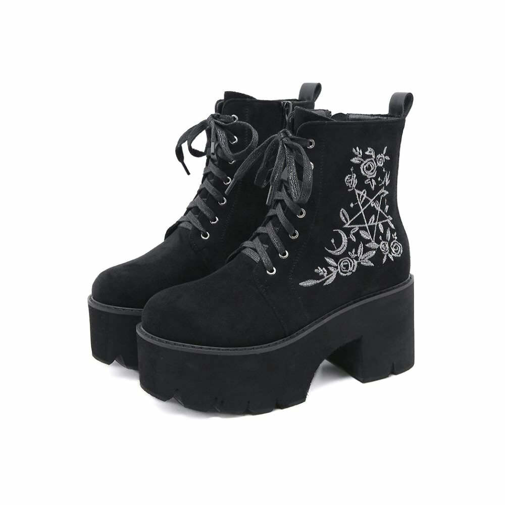 Y2K Gothic Pentagram Rose Platform Boots - 90s Grunge, Retro, Pastel Goth, Y2K Fashion
