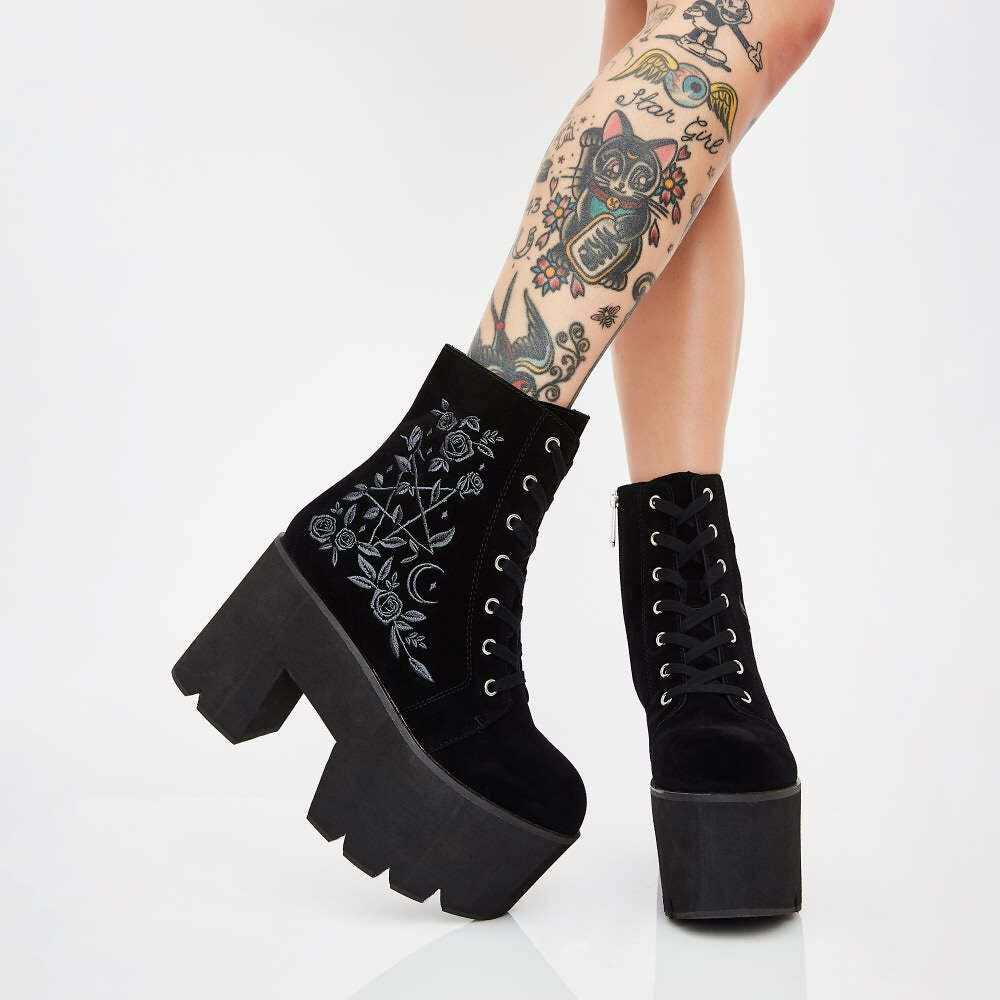 Y2K Gothic Pentagram Rose Platform Boots - 90s Grunge, Retro, Pastel Goth, Y2K Fashion