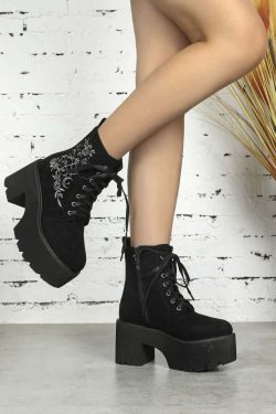 Y2K Gothic Pentagram Rose Platform Boots - 90s Grunge, Retro, Pastel Goth, Y2K Fashion