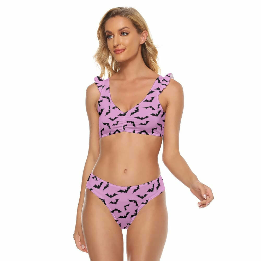 Y2K Gothic Pink Bat Ruffle Strap Bikini Set - Retro 90s Grunge Summer Beach Outfit