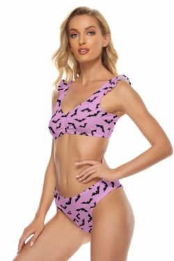 Y2K Gothic Pink Bat Ruffle Strap Bikini Set - Retro 90s Grunge Summer Beach Outfit