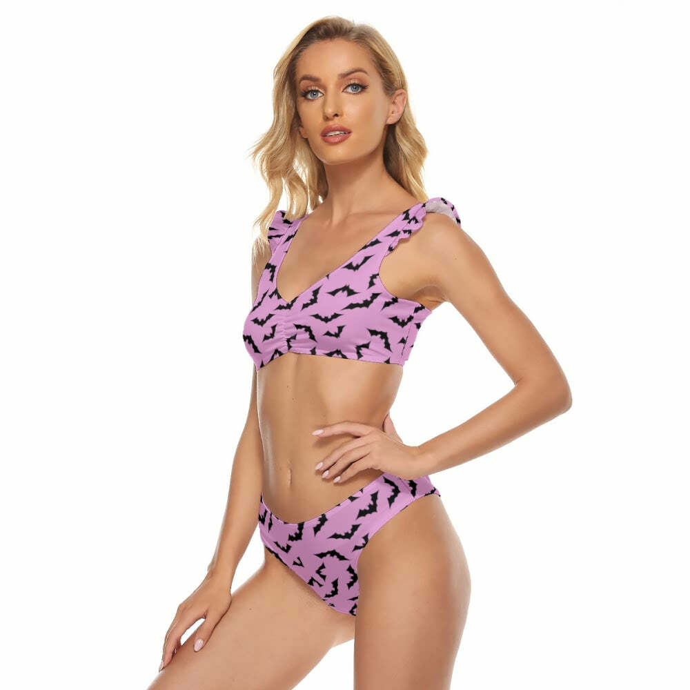 Y2K Gothic Pink Bat Ruffle Strap Bikini Set - Retro 90s Grunge Summer Beach Outfit