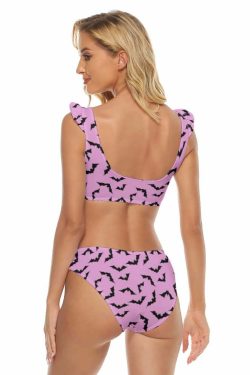 Y2K Gothic Pink Bat Ruffle Strap Bikini Set - Retro 90s Grunge Summer Beach Outfit