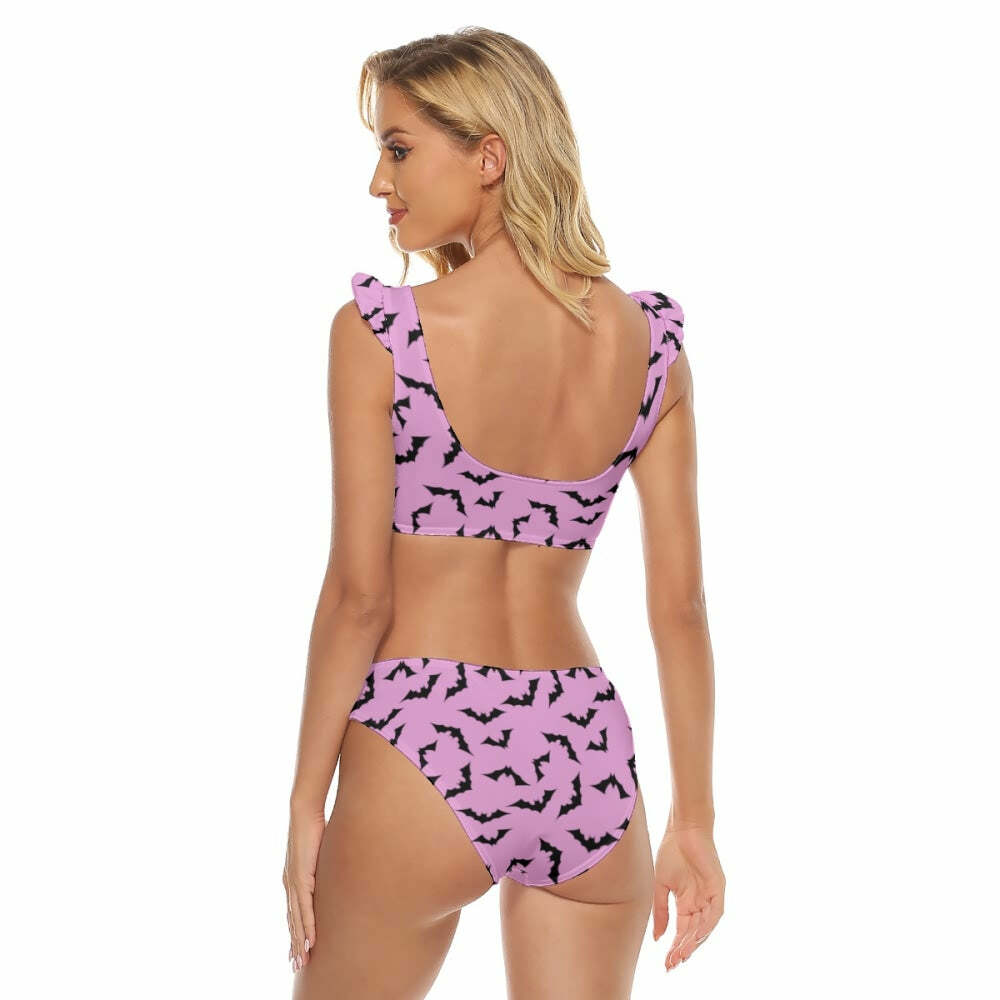 Y2K Gothic Pink Bat Ruffle Strap Bikini Set - Retro 90s Grunge Summer Beach Outfit
