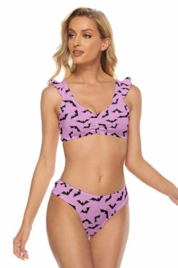 Y2K Gothic Pink Bat Ruffle Strap Bikini Set - Retro 90s Grunge Summer Beach Outfit