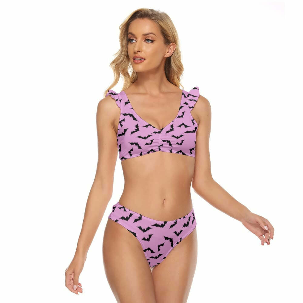 Y2K Gothic Pink Bat Ruffle Strap Bikini Set - Retro 90s Grunge Summer Beach Outfit