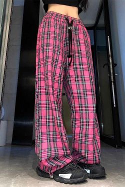 Y2K Gothic Plaid Elegance Pants - Retro 90s Grunge Summer Outfit for Women