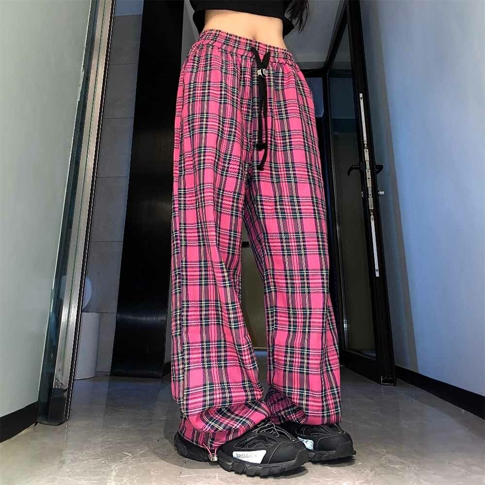 Y2K Gothic Plaid Elegance Pants - Retro 90s Grunge Summer Outfit for Women