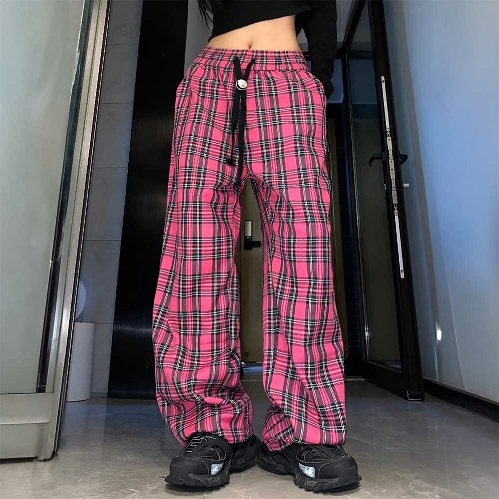 Y2K Gothic Plaid Elegance Pants - Retro 90s Grunge Summer Outfit for Women