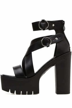 Y2K Gothic Platform Sandals - Ankle Strap High Heels for Retro 90s Grunge & Summer Outfits