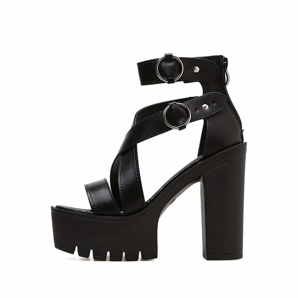 Y2K Gothic Platform Sandals - Ankle Strap High Heels for Retro 90s Grunge & Summer Outfits