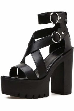 Y2K Gothic Platform Sandals - Ankle Strap High Heels for Retro 90s Grunge & Summer Outfits