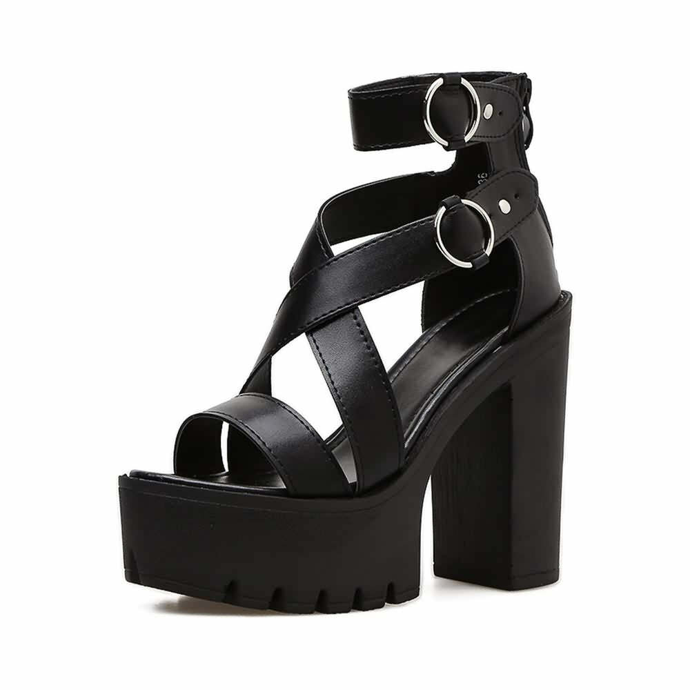Y2K Gothic Platform Sandals - Ankle Strap High Heels for Retro 90s Grunge & Summer Outfits