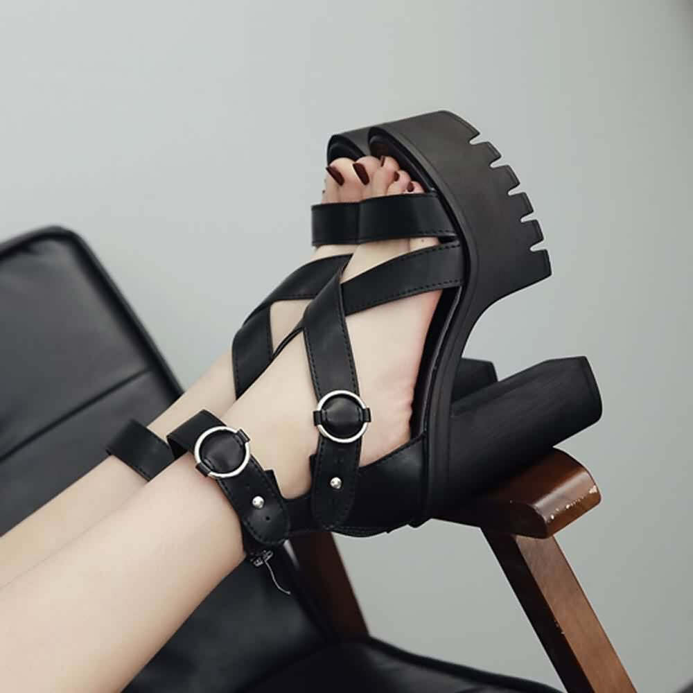 Y2K Gothic Platform Sandals - Ankle Strap High Heels for Retro 90s Grunge & Summer Outfits