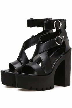 Y2K Gothic Platform Sandals - Ankle Strap High Heels for Retro 90s Grunge & Summer Outfits