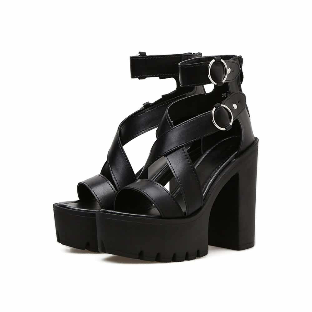 Y2K Gothic Platform Sandals - Ankle Strap High Heels for Retro 90s Grunge & Summer Outfits