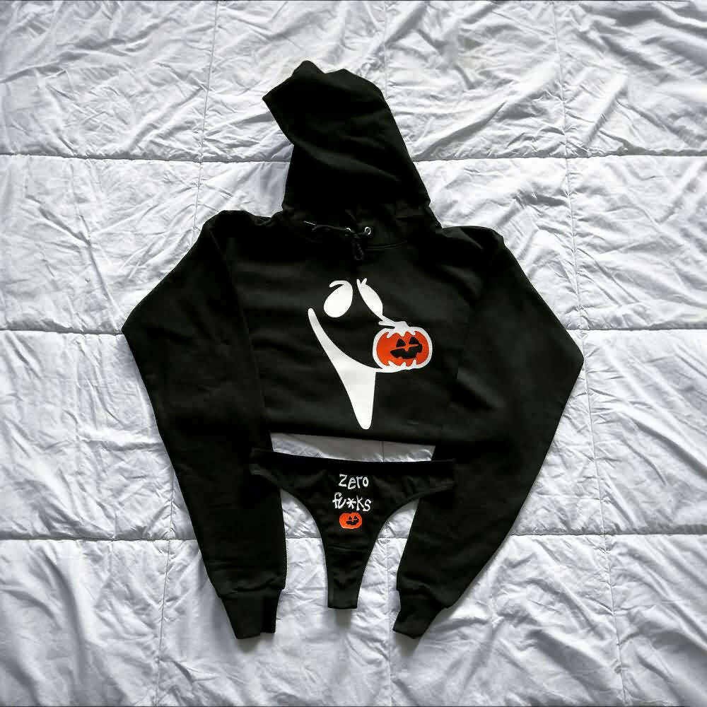Y2K Gothic Pumpkin Cropped Hoodie & Panty Set - Retro 90s Grunge Summer Loungewear Outfit