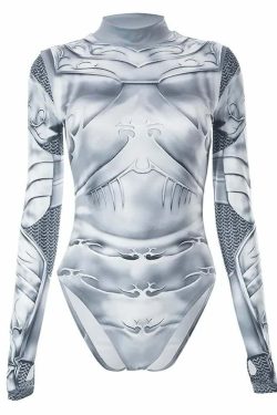 Y2K Gothic Punk Armor Bodysuit - Retro 90s Grunge, Summer Party, Club & Popstar Outfits