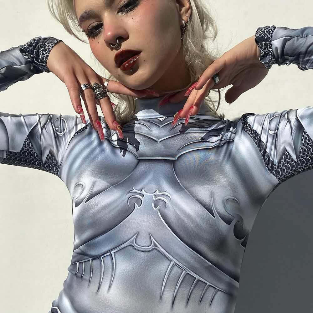 Y2K Gothic Punk Armor Bodysuit - Retro 90s Grunge, Summer Party, Club & Popstar Outfits