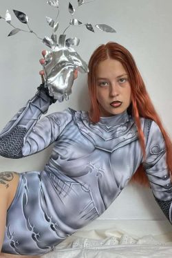 Y2K Gothic Punk Armor Bodysuit - Retro 90s Grunge, Summer Party, Club & Popstar Outfits
