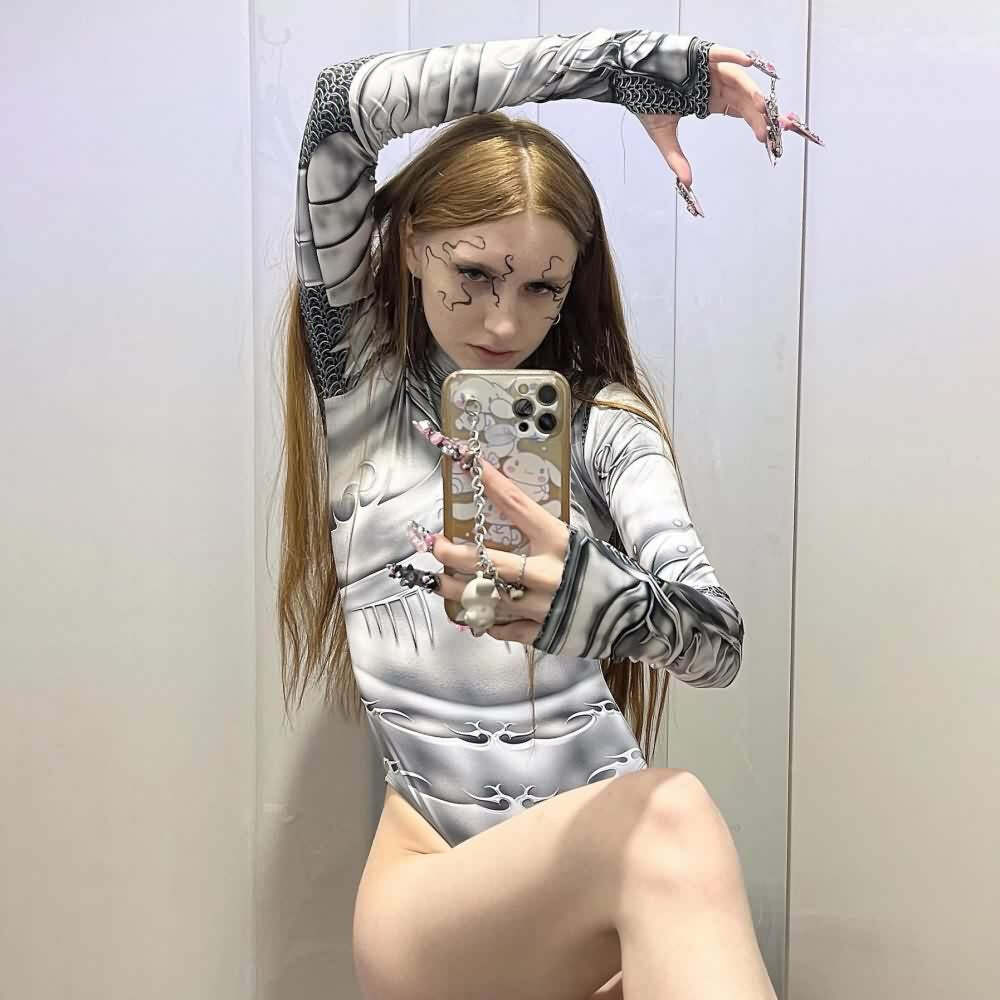 Y2K Gothic Punk Armor Bodysuit - Retro 90s Grunge, Summer Party, Club & Popstar Outfits