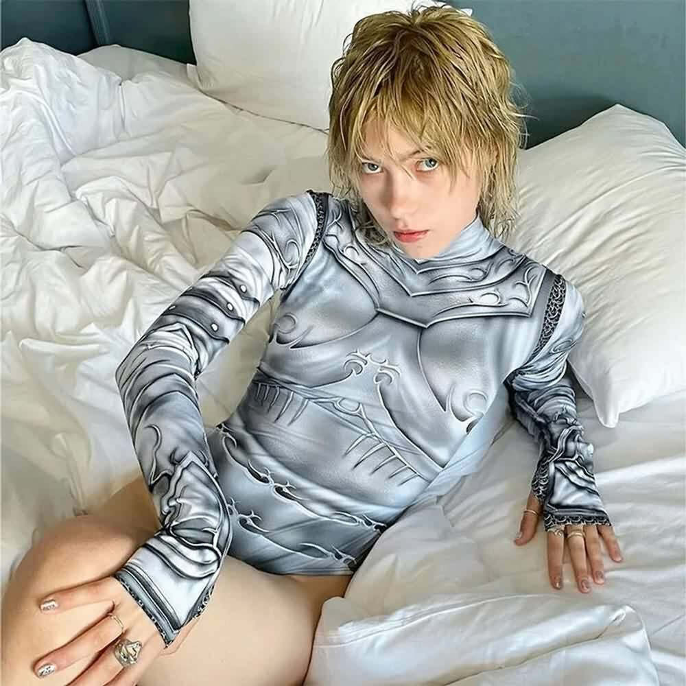 Y2K Gothic Punk Armor Bodysuit - Retro 90s Grunge, Summer Party, Club & Popstar Outfits