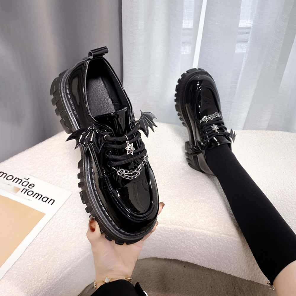 Y2K Gothic Punk Bat Oxford Platform Shoes - Retro 90s Grunge, Pastel Goth, Y2K Fashion