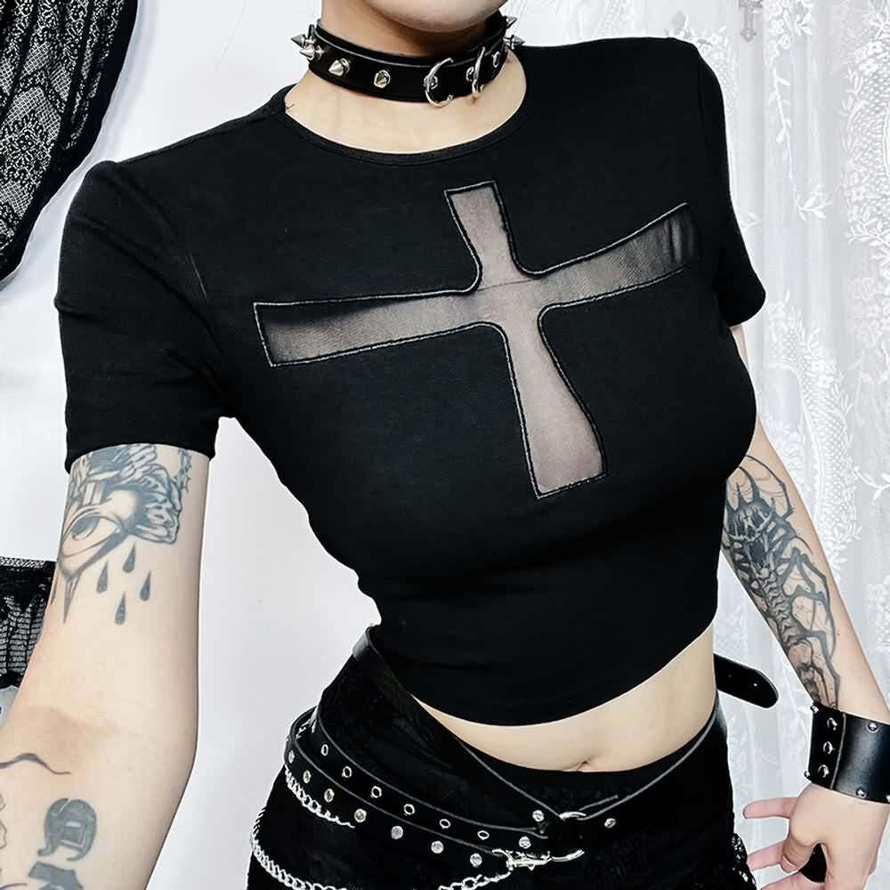Y2K Gothic Punk Crop T-Shirt - 90s Grunge, Retro Summer, Pastel Goth, Y2K Club Outfits