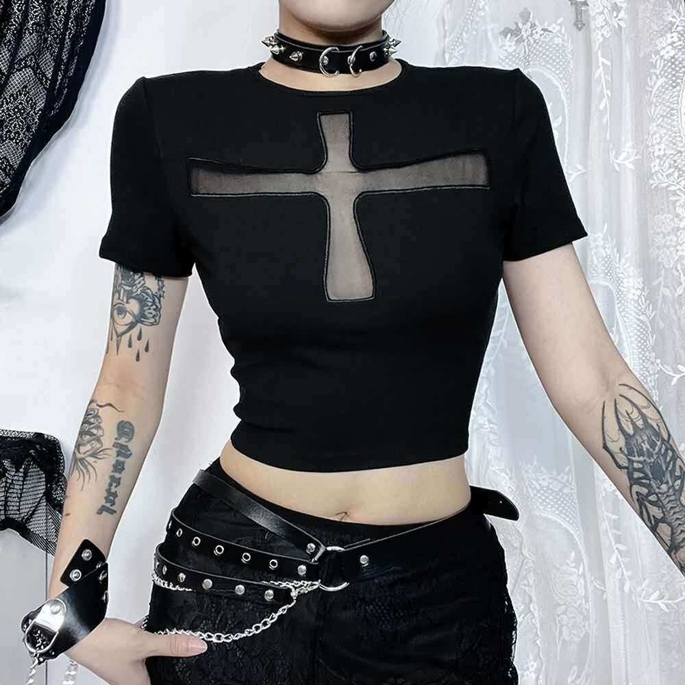 Y2K Gothic Punk Crop T-Shirt - 90s Grunge, Retro Summer, Pastel Goth, Y2K Club Outfits