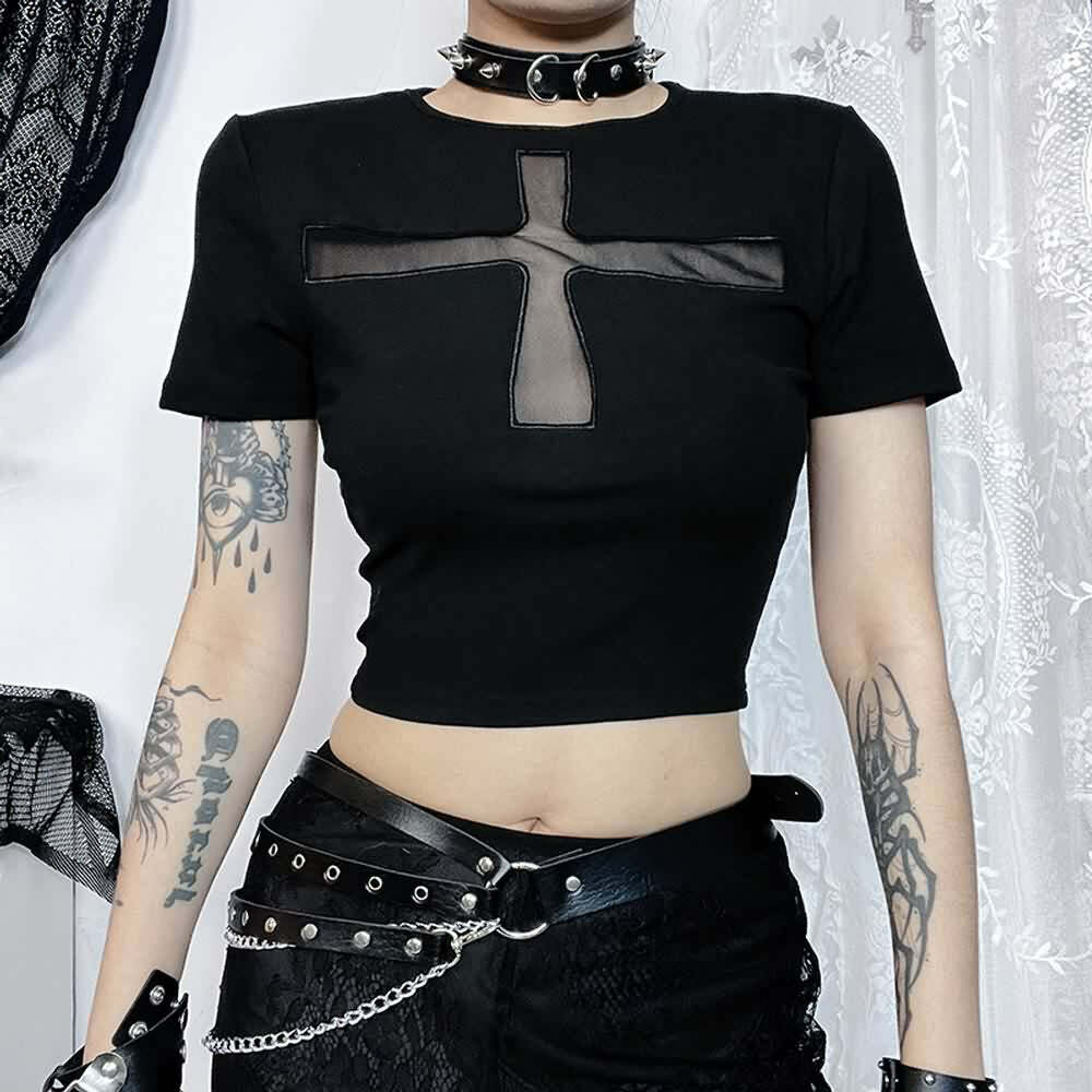 Y2K Gothic Punk Crop T-Shirt - 90s Grunge, Retro Summer, Pastel Goth, Y2K Club Outfits