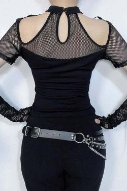Y2K Gothic Punk Cut Out Mesh T-shirt - Retro 90s Grunge, Summer Y2K Outfits, Pastel Goth Style