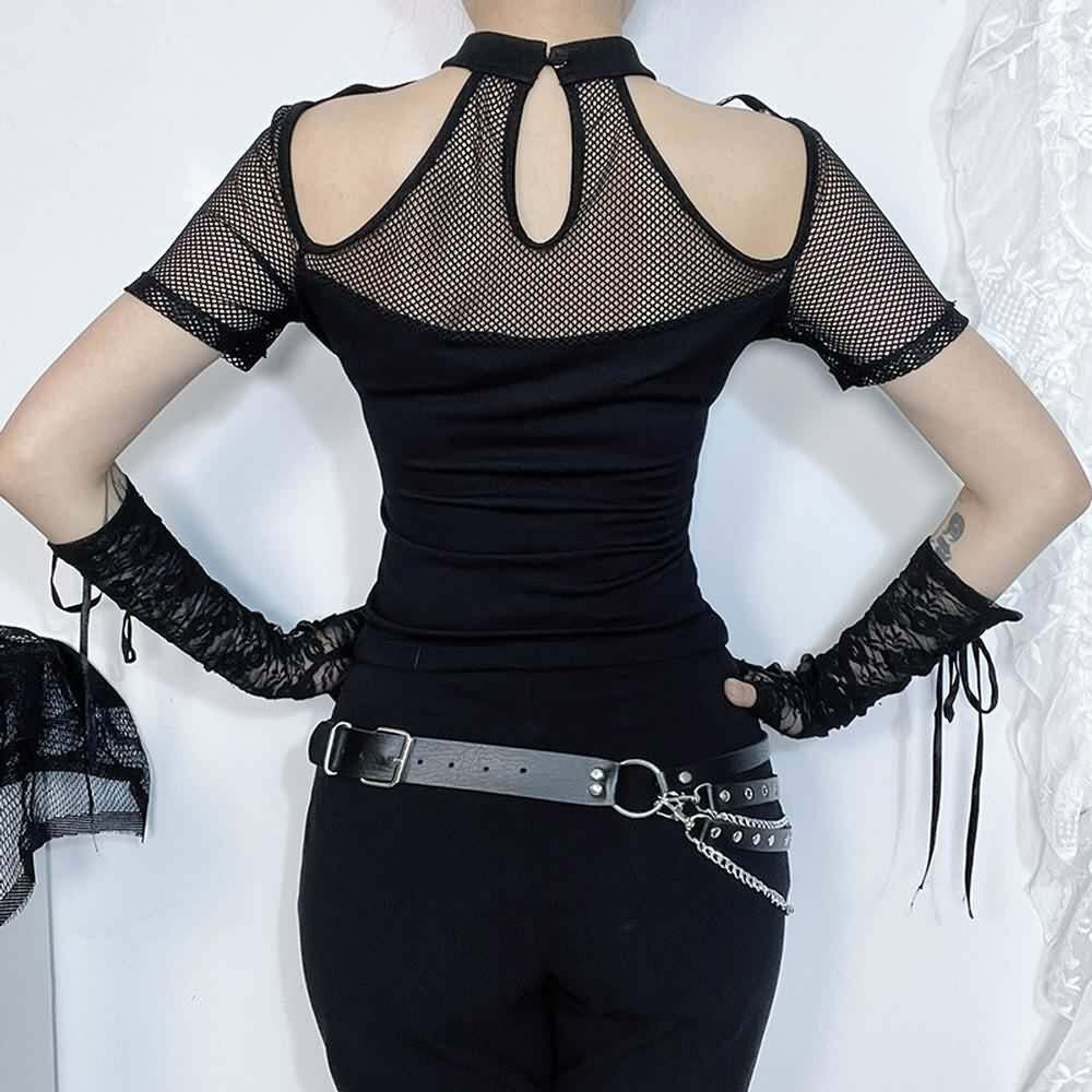 Y2K Gothic Punk Cut Out Mesh T-shirt - Retro 90s Grunge, Summer Y2K Outfits, Pastel Goth Style